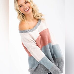 Cozy Colorblock Off-Shoulder Sweater - Pink, Blue, Gray